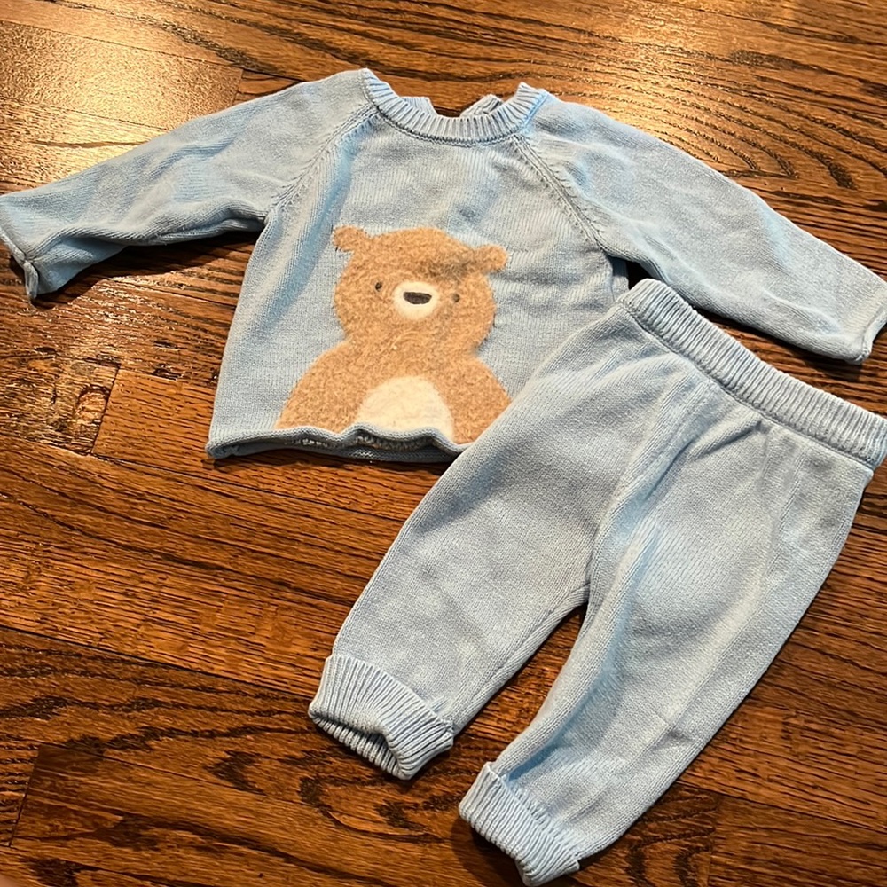 Little Me Sweater Set, light blue with bear, 6M